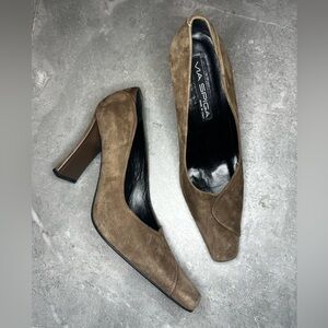 NWOB Via Spiga Y2K Brown Suede  Pointed Square Toe Pumps Heels Size 9M Preppy